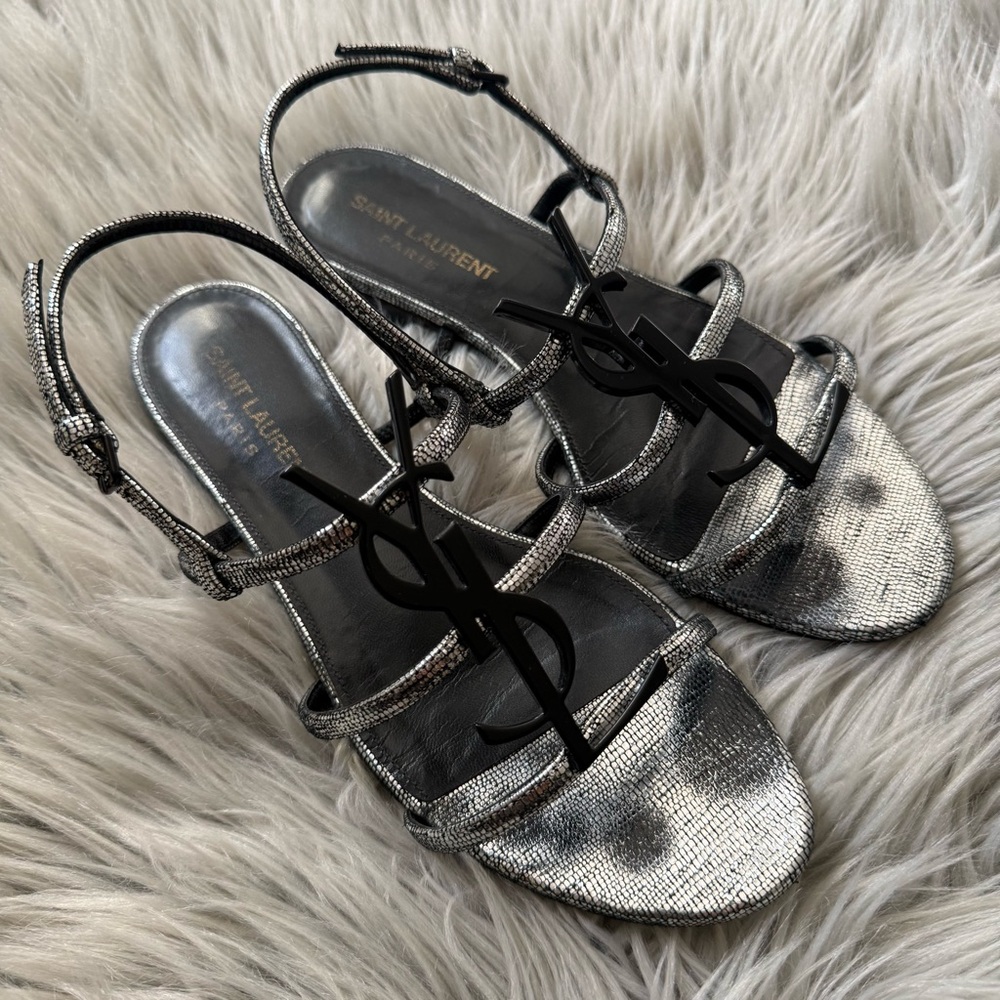 SAINT LAURENT Calfskin YSL Cassandra Monogram Logo Strappy Sandals Metallic 36 - Picture 2 of 11